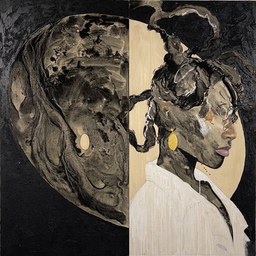 abstract painting of a black-skinned woman with a white shirt and no visible eyes