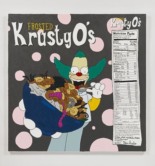 An painting of Krusty the clown eating from a bowl of what looks like cheerios, but also includes works and other bugs
