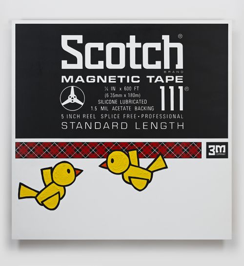 painting of scotch tape logo and two yellow birds