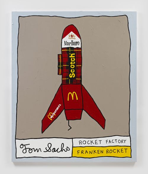 simply-drawn rocket with scotch tape, mcdonalds and marlboro logos