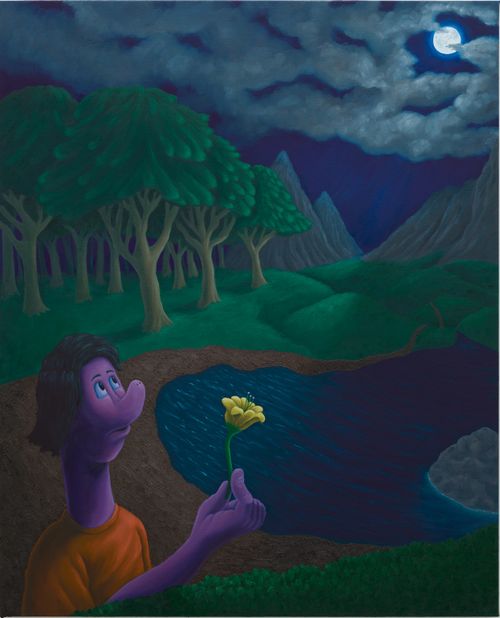 a purple human animal creature raising a yellow flower towards a full moon