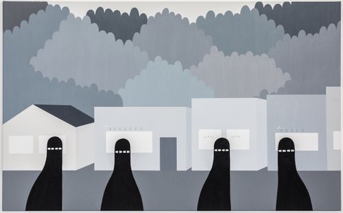 four black cartoon characters with no features other than white eyes, set in a grey landscape with a row of houses and trees in the background