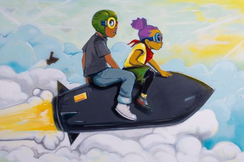 Two young superheroes ride flying rocket through sky and clouds