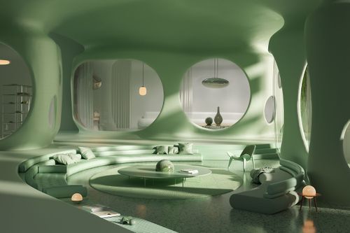 Modern, curved, light green room