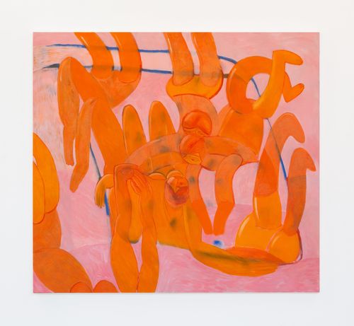 Sherbert orange figures weave through a pink background
