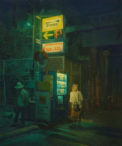 Dim lit painting of a girl standing on the side of a road next to a vending machine