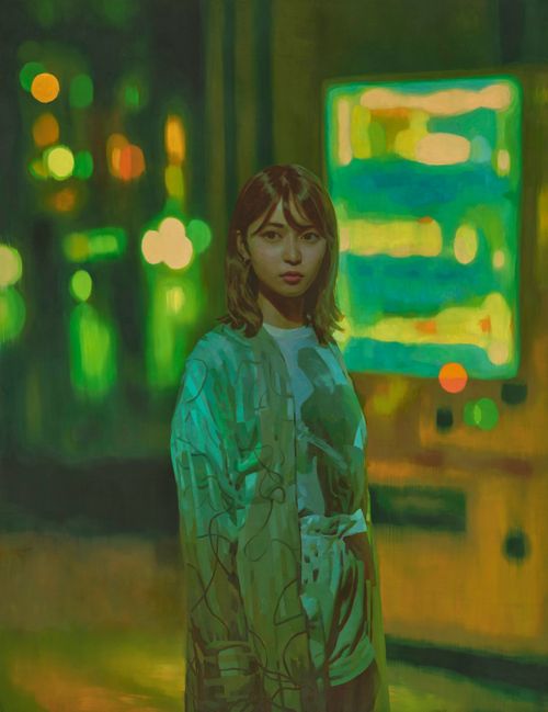Painting of a girl standing in the foreground with the background blurred perspective