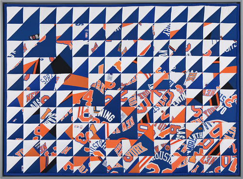 mixed media collage made up of triangles of alternating colours which are formed from basketball shirts 