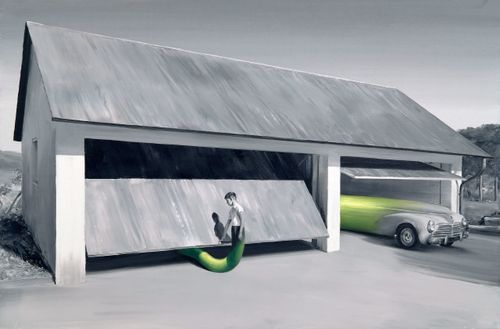 monochrome scene of a large garage with a boy standing my the door and a green tube enveloping his legs, whilst a partially green car emerges from the other garage door