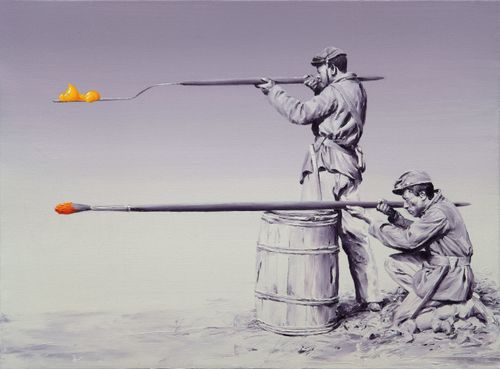 monochrome scene of two soldiers, one kneeling and one standing, looking down their rifles which have been replaced by a palette knife and a paintbrush with yellow and orange paint on the ends