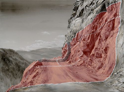 road on the side of a rocky cliff-face with a red tennis court layout drawn onto it and a net down the centre