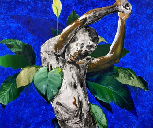 abstract depiction of a male with a bare torso and his eyes hidden, set against a blue background with leaves