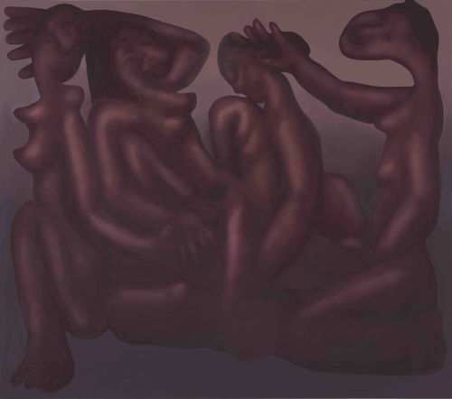 Dark painting of four curvaceous purple figures