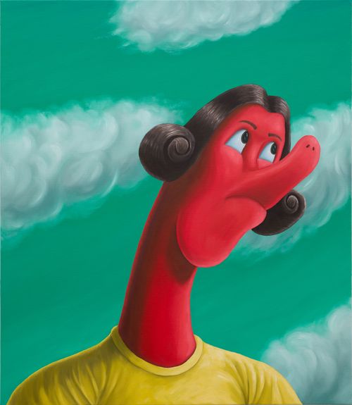 a red animal human creature with its head framed by a cloudy green sky