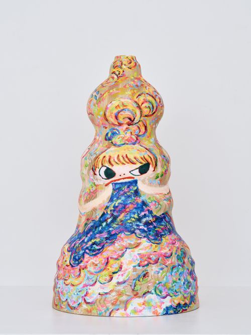 painted wooden sculpture with an undulating conical shape