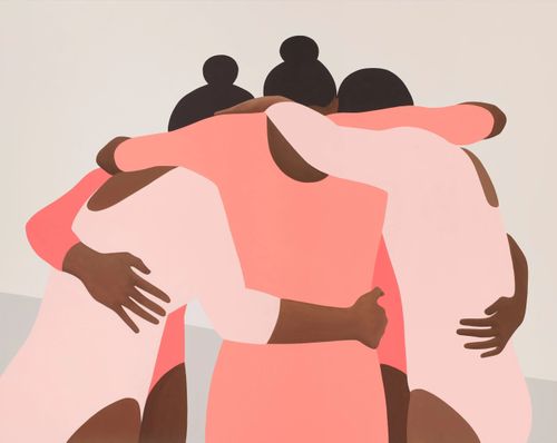 five gymnasts in pink leotards huddling together