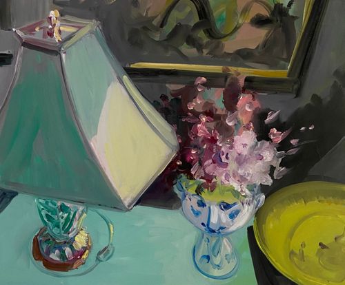 a pastel interior with a large lampshade and flowers in a vase with a face