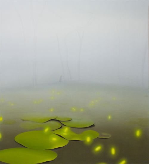 green lilypads and bright fireflies fade into a background of fog