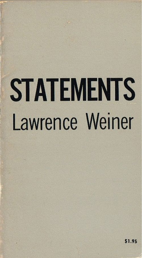 grey book cover reading 'STATEMENTS Lawrence Weiner' with a marked price of $1.95