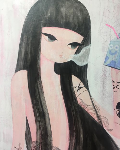 anime girl with pink body, long black hair with a fringe, big eyes and arm tattoos, smoking a cigarette