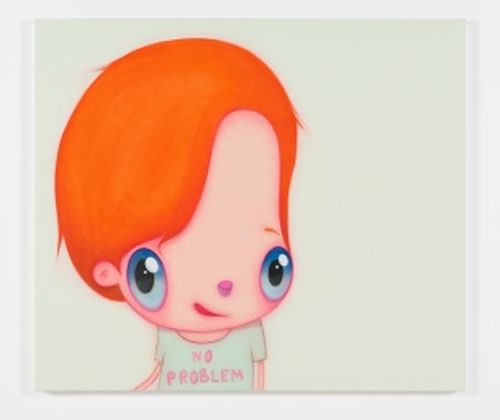 white background with a cartoon head and body of a figure with large blue eyes and orange hair wearing a t-shirt that reads 'NO PROBLEM'
