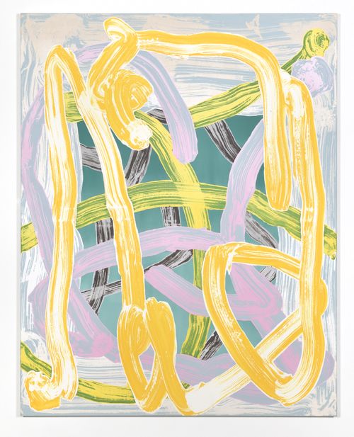 Pablo Tomek painting with brushstrokes in yellow green and pink