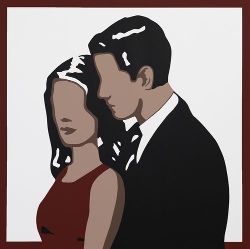 Silhouette of a couple with a woman in a red dress and a man in a black suit