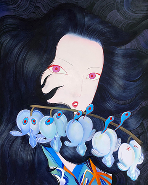 Female with black hair and red eyes, small features, flowers in the foreground 