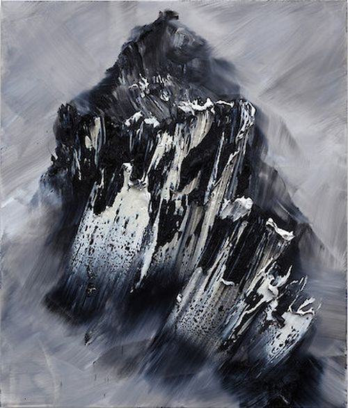 thick brushstrokes of black, white and grey painting a mountain peak amongst clouds and haze