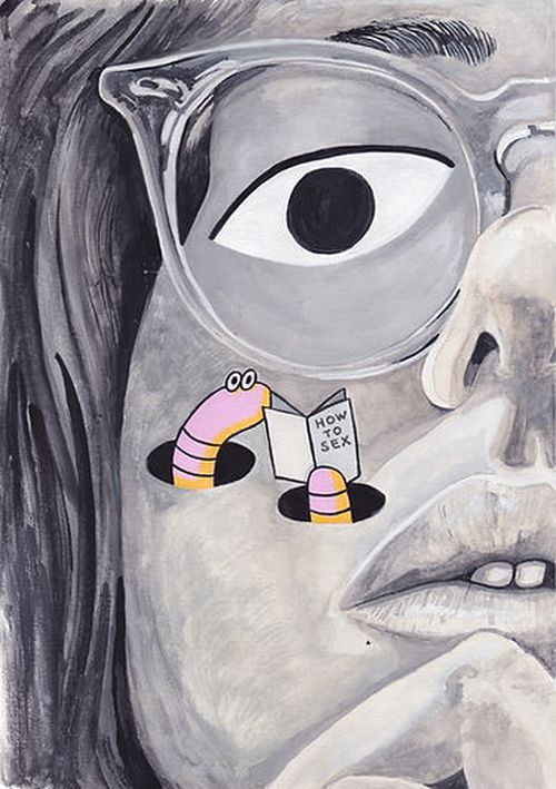 Black and white painting of zoomed female face, animated worms in the foreground