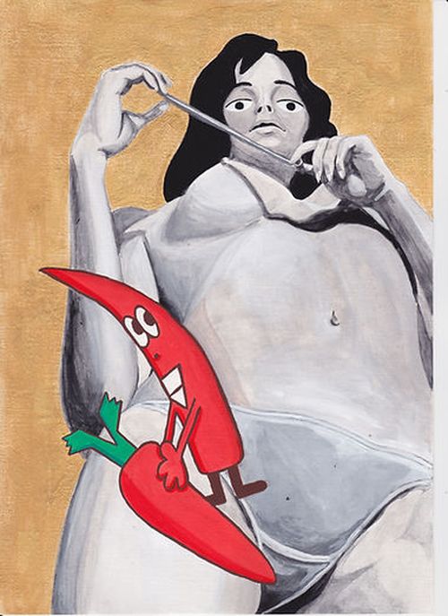 Black and white painting of woman looking down. Animated chillis in the foreground