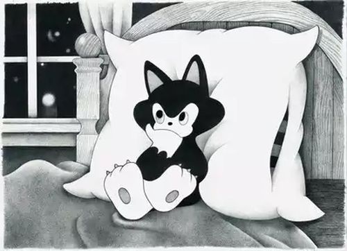 monochrome painting of a cartoon cat resting its head on its hand in bed