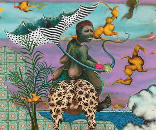 fantasy world where a woman with three breasts on her back turns to look over her shoulder whilst riding a patterned animal and holding a monochrome spots and stripes umbrella