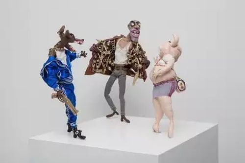 wolf wearing blue tracksuit with a gun stood next to pig with handbag and grotesque figure in grey jeans