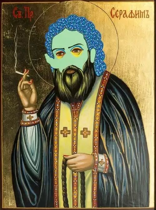 gold icon of a saint with a black religious gown on, red nail vanish and a cigarette in his right hand, whilst his face is blanked out by a block of blue colour so that only his eyes and beard remain detailed