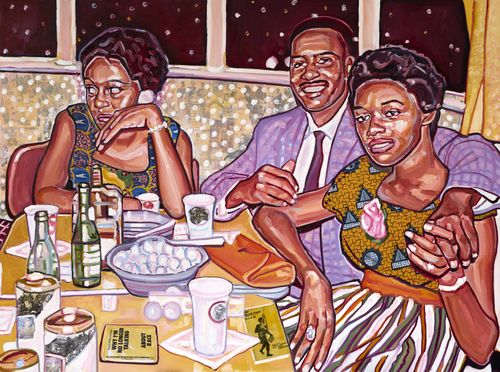 Three Black figures sat around a table of food and drink