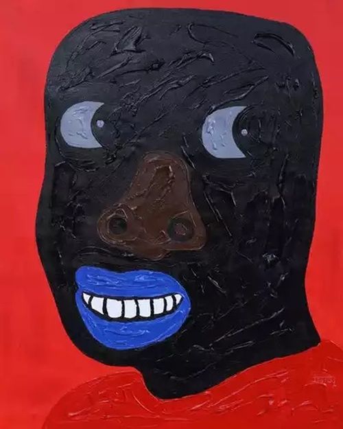 cartoon portrait of black male with blue lips and enlarged facial features set against red background