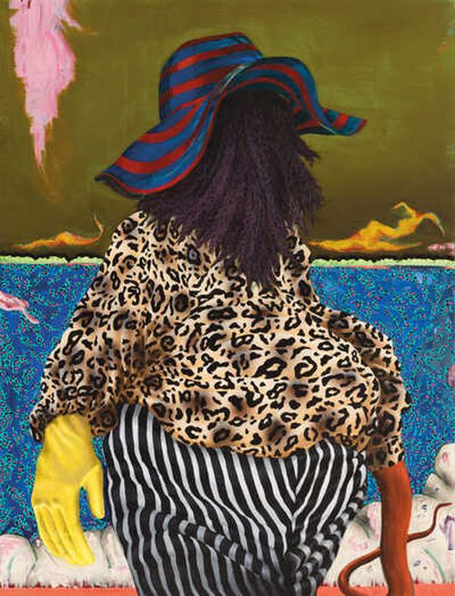 woman with tightly curled black hair covering her entire face and a red and blue striped hat on, wearing a yellow latex glove on one hand and the other mimicking the shape of a red serpent, as she wears a leopard print long sleeved top and pinstripe trousers, existing in a fantasy world with a green sky