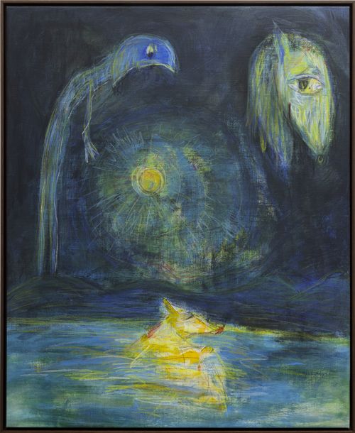 a pastel blue scene of a moon man looking down on a sleeping animal below