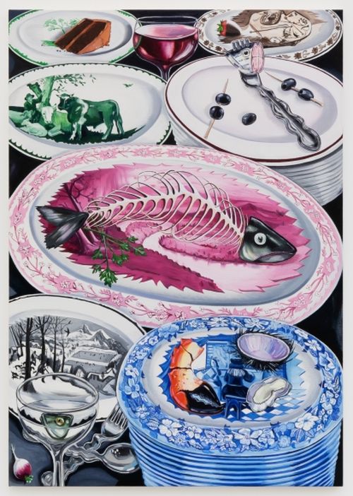 Fish bones on stacked plates