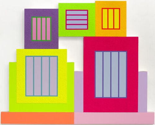 neon geometric cubes and panels layered over one another