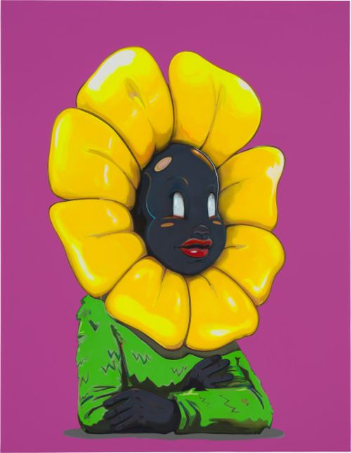 cartoon flower figure in a green top with yellow petals