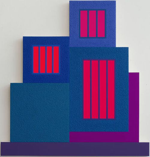 purple and blue cubes layered on top of one another with several containing pink and red panels