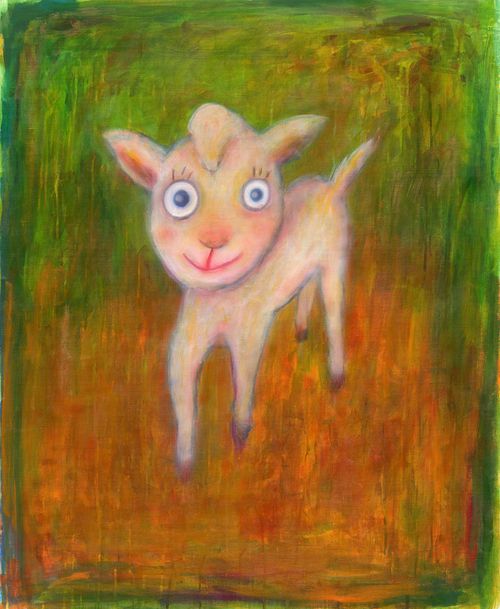 a blue-eyed, smiling goat set against an orange and green background