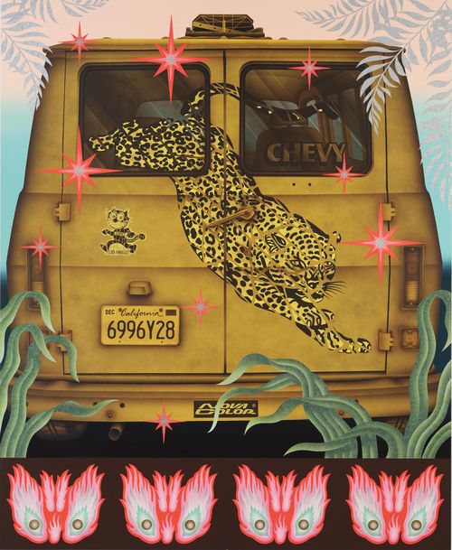 the back of a yellow truck with a leaping leopard painted on it