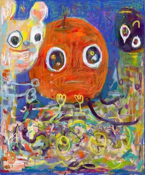 an oil pastel and acrylic artwork of a large orange being touched by lots of abstract childish characters