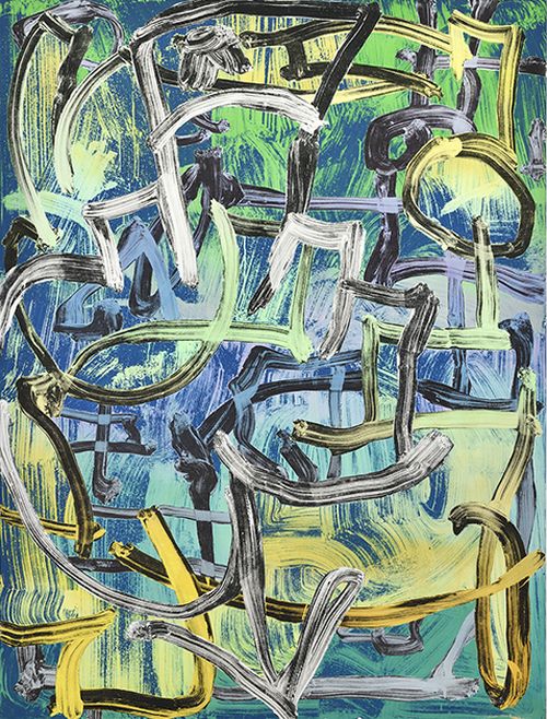 abstract painting with visible brushstrokes in black, white, yellow, blue and green