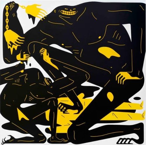 a yellow, black and white painting of a giant body kneeling on a smaller figure