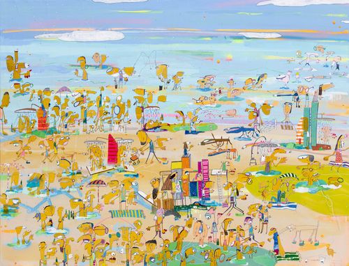 abstract figures crowded into a flat beach scene