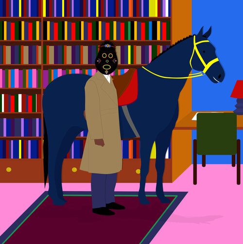 A figure standing next to a blue horse in front a bookshelf